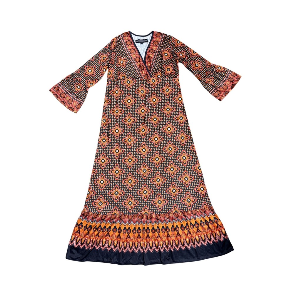 J Peterman Women Medallion Print Boho Maxi Dress Bell Sleeve Orange Black Medium